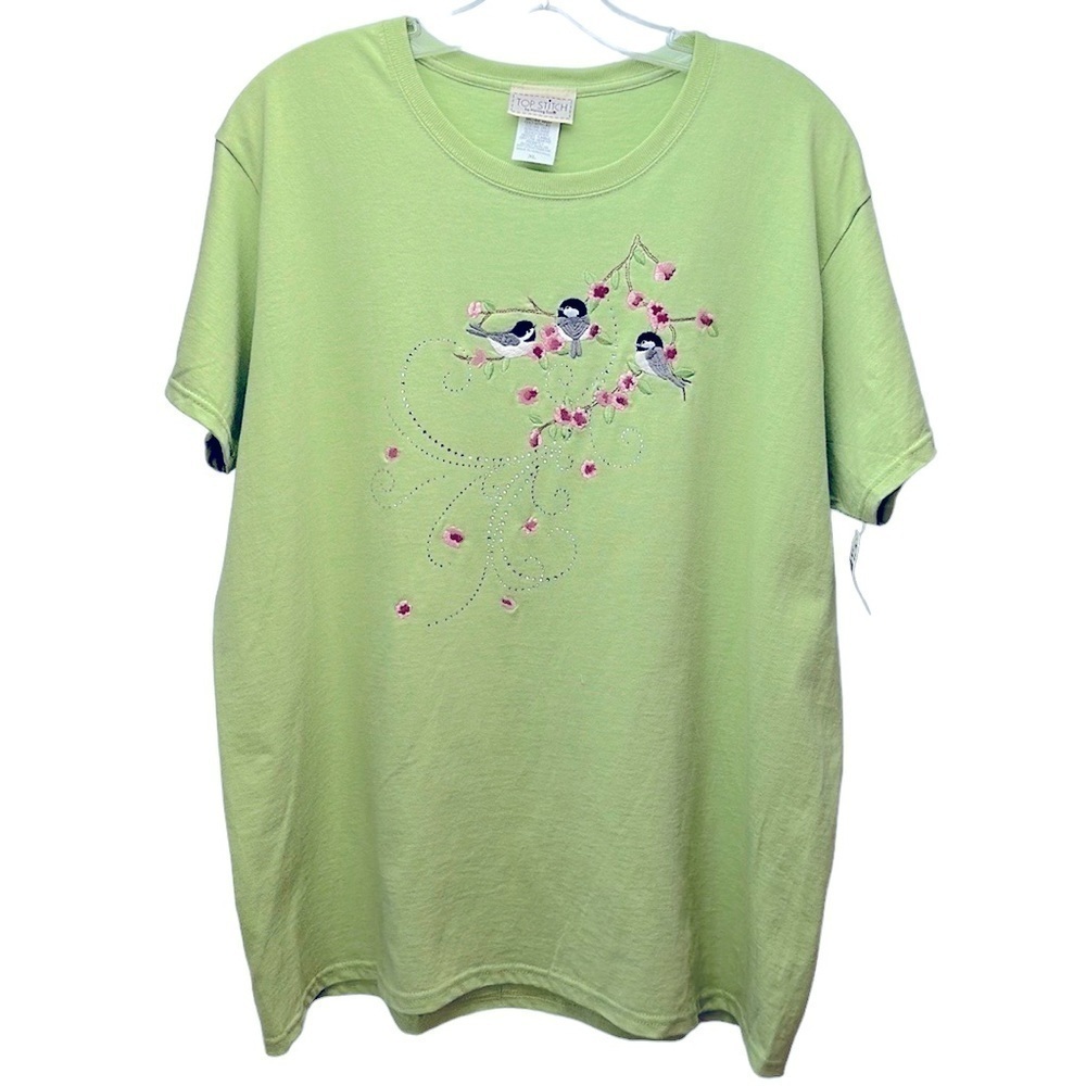 Vintage Top Stitch Morning Sun Floral‎ Rhinestones Birds Tee Shirt XL Pistachio